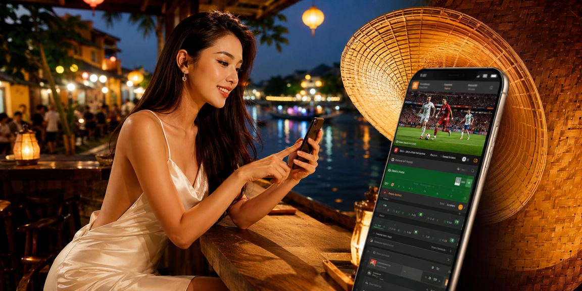 Cảnh phố cổ Hội An về đêm với người dùng theo dõi kết quả thể thao và đặt cược qua điện thoại