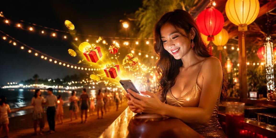 Khung cảnh đảo Phú Quốc về đêm với người dùng trải nghiệm Live Casino Jackpot trên điện thoại